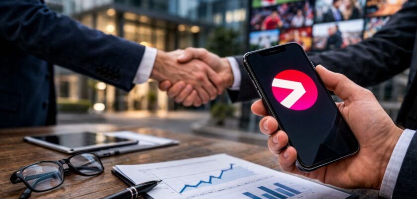 Stretta di mano tra due manager in giacca su un tavolo con documenti finanziari, mentre uno smartphone in primo piano mostra Viaplay, in un contesto aziendale moderno