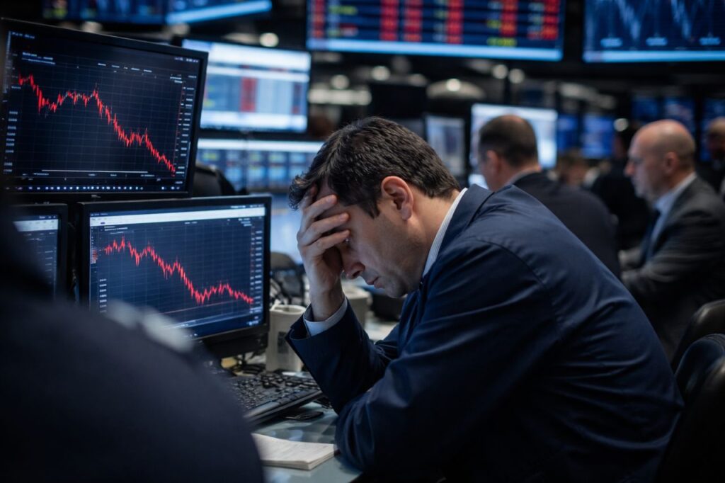 Trader preoccupato davanti a schermi con grafici in forte calo in una sala trading