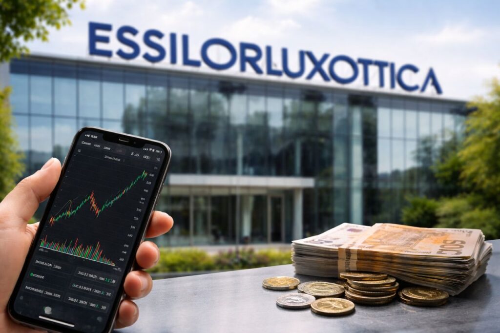 Smartphone con grafico azionario in primo piano, davanti alla sede EssilorLuxottica, con banconote e monete sul tavolo