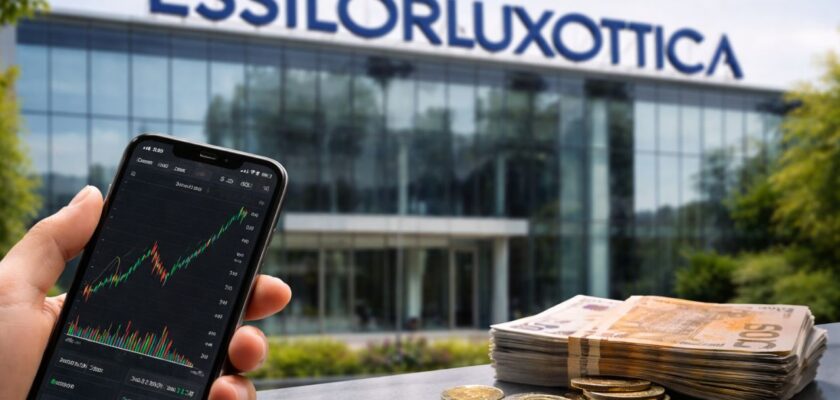 Smartphone con grafico azionario in primo piano, davanti alla sede EssilorLuxottica, con banconote e monete sul tavolo