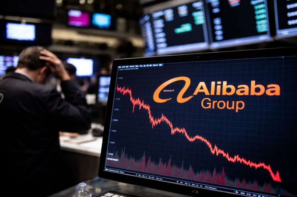Schermo con grafico in forte calo di Alibaba in una sala trading, trader preoccupato sullo sfondo