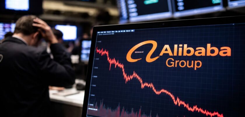 Schermo con grafico in forte calo di Alibaba in una sala trading, trader preoccupato sullo sfondo