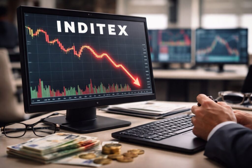 Monitor con grafico in forte calo, trader al computer e denaro sul tavolo