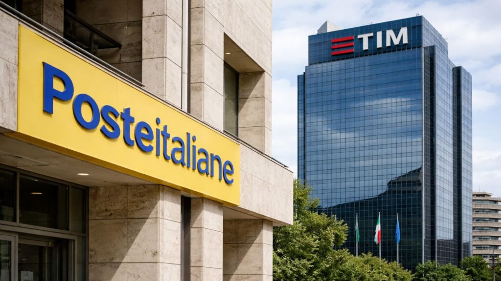 Sede di Poste Italiane in primo piano e grattacielo TIM sullo sfondo, in un contesto urbano moderno