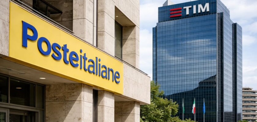 Sede di Poste Italiane in primo piano e grattacielo TIM sullo sfondo, in un contesto urbano moderno