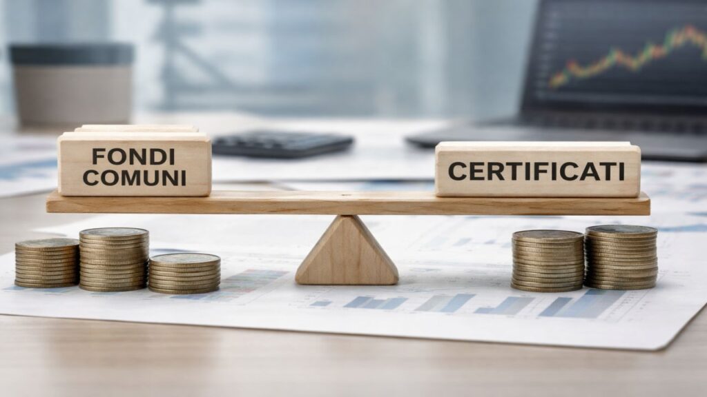 Bilancia in legno con blocchi &ldquo;fondi comuni&rdquo; e &ldquo;certificati&rdquo;, affiancati da pile di monete su una scrivania