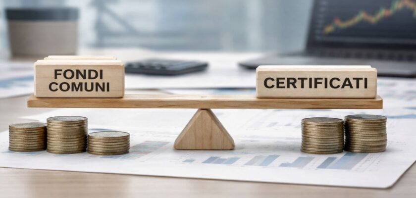 Bilancia in legno con blocchi “fondi comuni” e “certificati”, affiancati da pile di monete su una scrivania