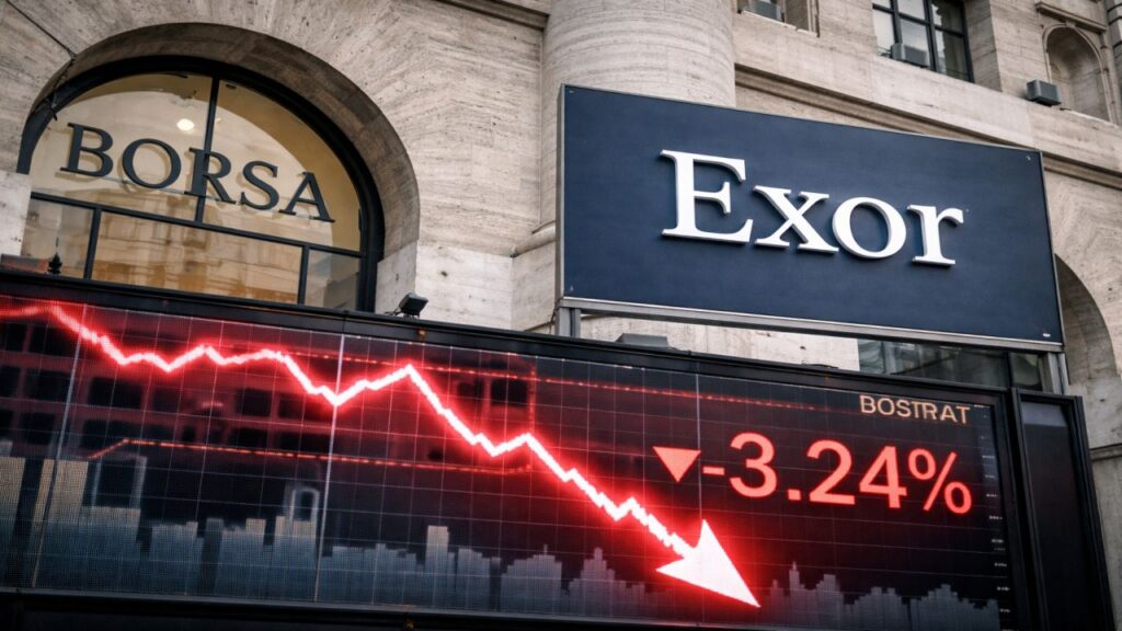 Facciata della Borsa con maxi schermo che mostra un forte calo del titolo Exor
