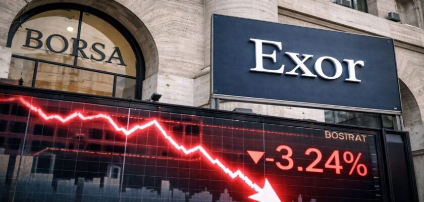 Facciata della Borsa con maxi schermo che mostra un forte calo del titolo Exor