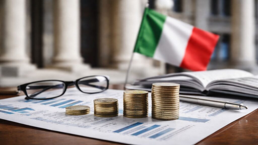 Monete in euro su documenti finanziari, con occhiali e bandiera italiana sullo sfondo.