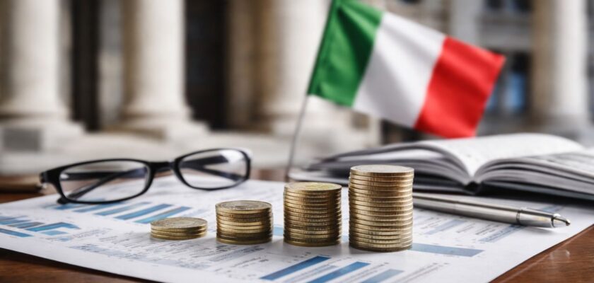 Monete in euro su documenti finanziari, con occhiali e bandiera italiana sullo sfondo.