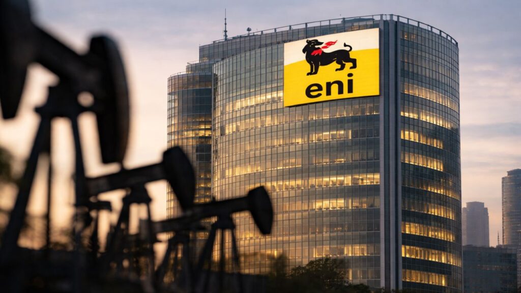 Foto realistica di un edificio Eni con pozzi petroliferi in primo piano