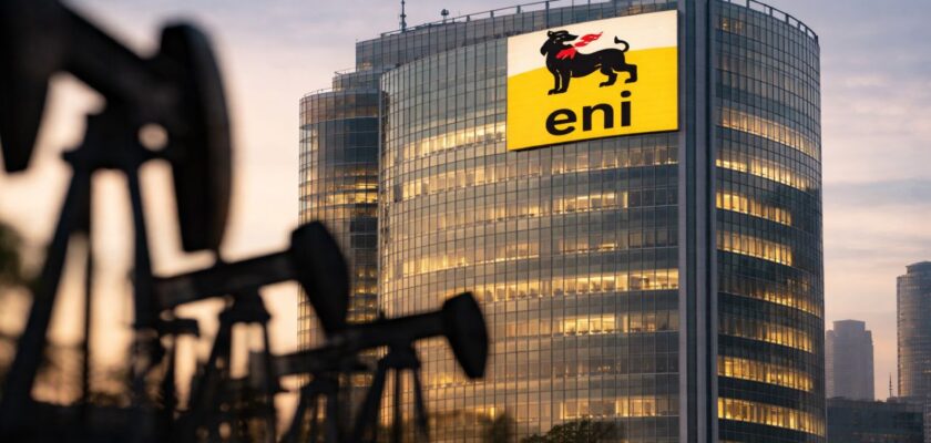 Foto realistica di un edificio Eni con pozzi petroliferi in primo piano