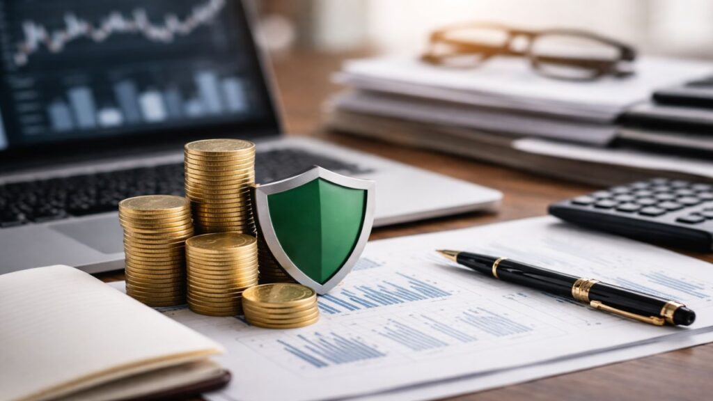 Scrivania con documenti finanziari, monete impilate e laptop con grafici sullo sfondo