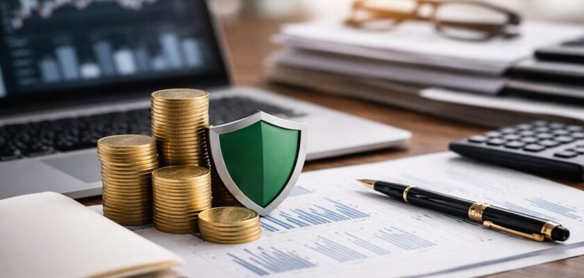 Scrivania con documenti finanziari, monete impilate e laptop con grafici sullo sfondo