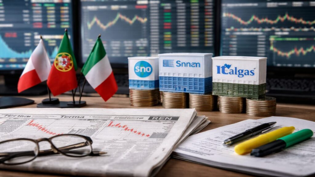 Scrivania finanziaria con grafici di Borsa, bandiere Italia e Portogallo e modelli di utility su pile di monete