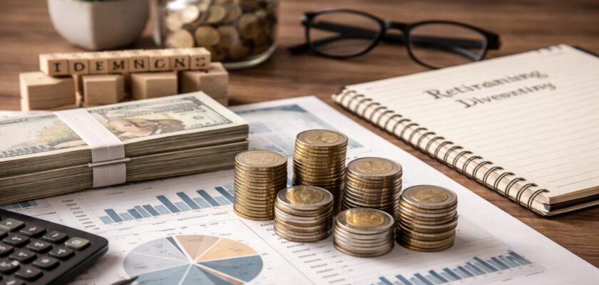 Scrivania con monete impilate, documenti finanziari, contanti e taccuino