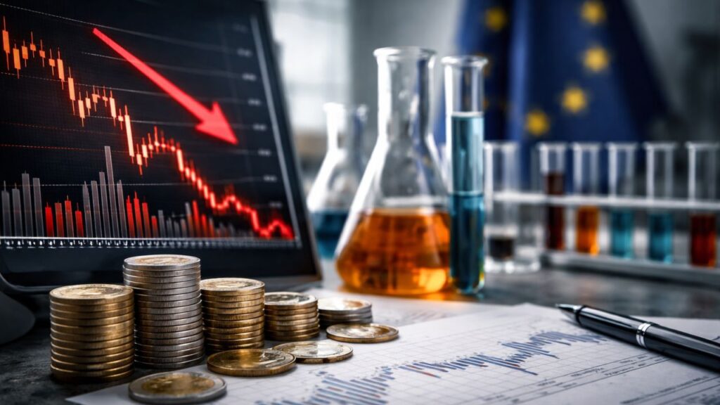 Schermo con grafico finanziario in forte calo, affiancato da monete, documenti e provette da laboratorio su uno sfondo europeo.