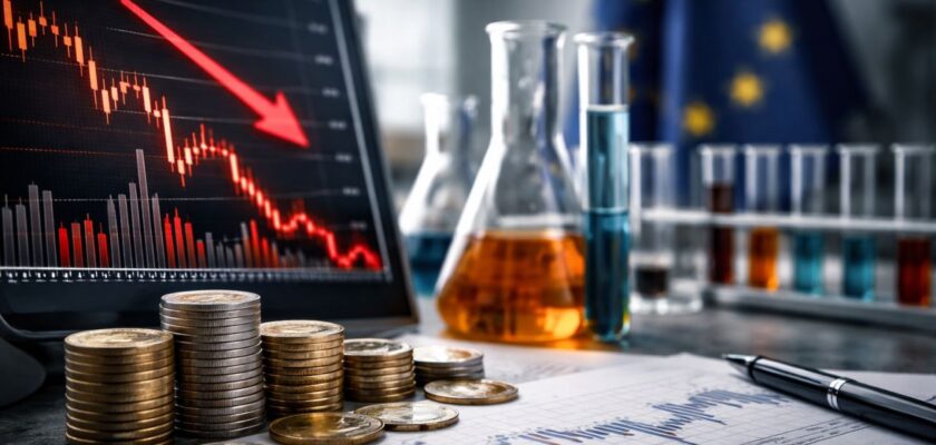 Schermo con grafico finanziario in forte calo, affiancato da monete, documenti e provette da laboratorio su uno sfondo europeo.