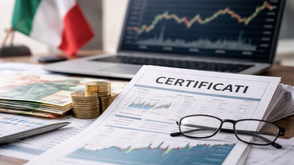 Scrivania con documenti finanziari, monete e laptop con grafico di mercato sullo sfondo