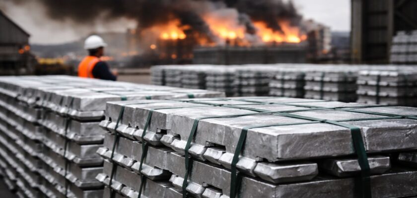 Balle di alluminio in primo piano, con impianto industriale danneggiato sullo sfondo