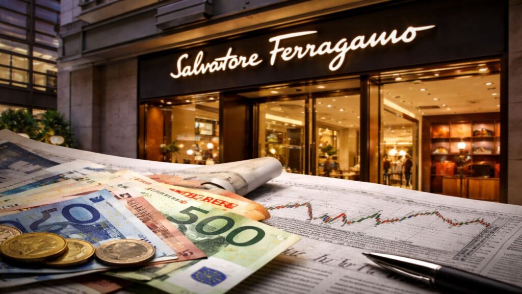 Boutique Ferragamo con giornale finanziario ed euro in primo piano