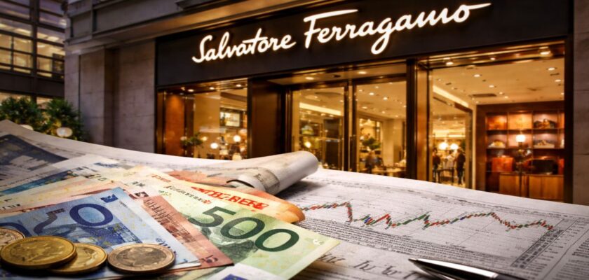 Boutique Ferragamo con giornale finanziario ed euro in primo piano