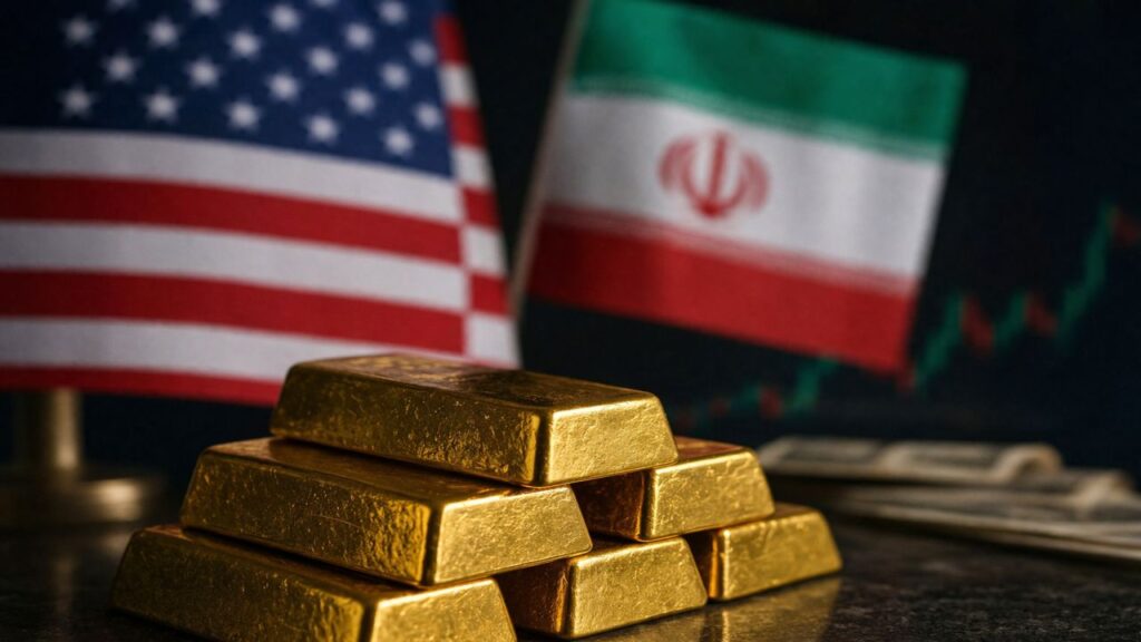 Lingotti d’oro in primo piano su un tavolo finanziario, con grafici e bandiere sullo sfondo sfocato