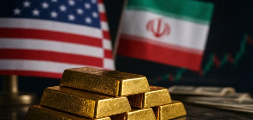 Lingotti d’oro in primo piano su un tavolo finanziario, con grafici e bandiere sullo sfondo sfocato