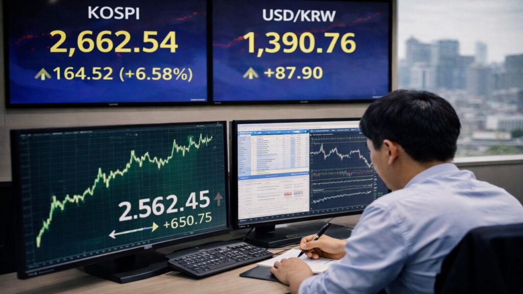 Trader davanti a due schermi con mercati in rialzo