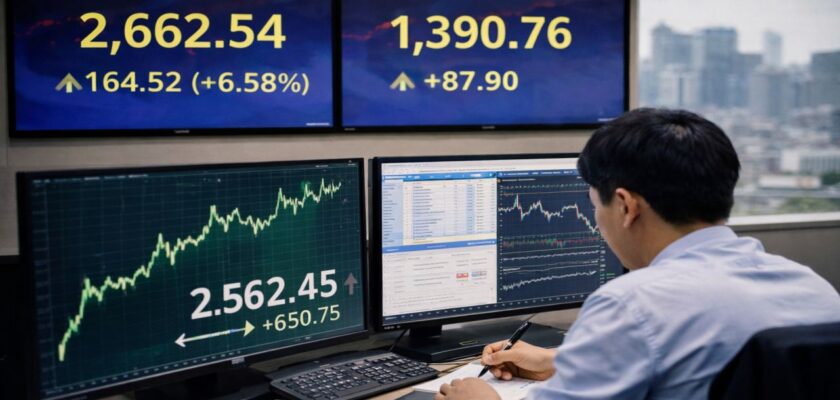 Trader davanti a due schermi con mercati in rialzo