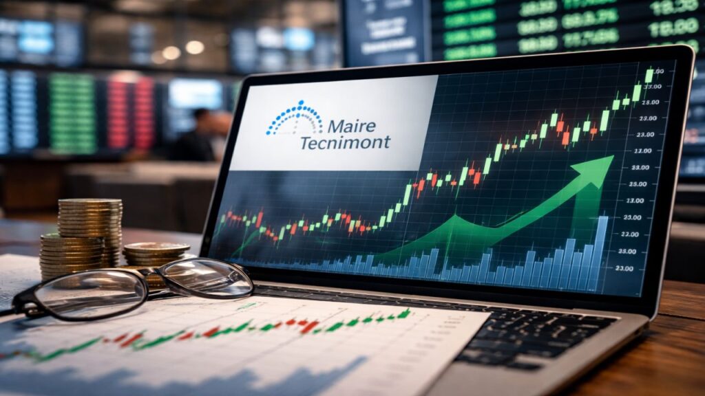 Laptop con grafico azionario in crescita su una scrivania, accanto a monete e occhiali, in un contesto finanziario.