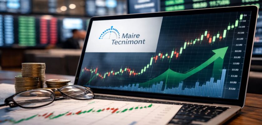 Laptop con grafico azionario in crescita su una scrivania, accanto a monete e occhiali, in un contesto finanziario.