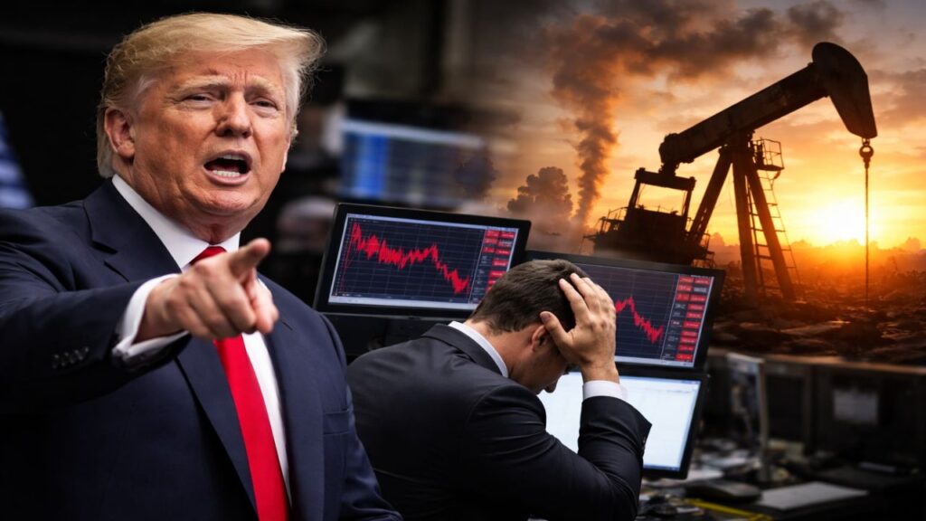 Trump in primo piano, trader in difficolt&agrave; davanti ai monitor e, sullo sfondo, un impianto petrolifero al tramonto