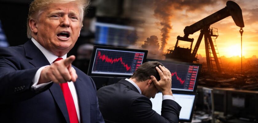 Trump in primo piano, trader in difficoltà davanti ai monitor e, sullo sfondo, un impianto petrolifero al tramonto