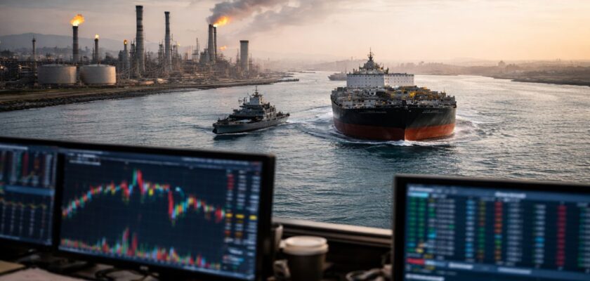Una petroliera scortata in un tratto marittimo industriale, osservata da una sala trading con monitor di Borsa