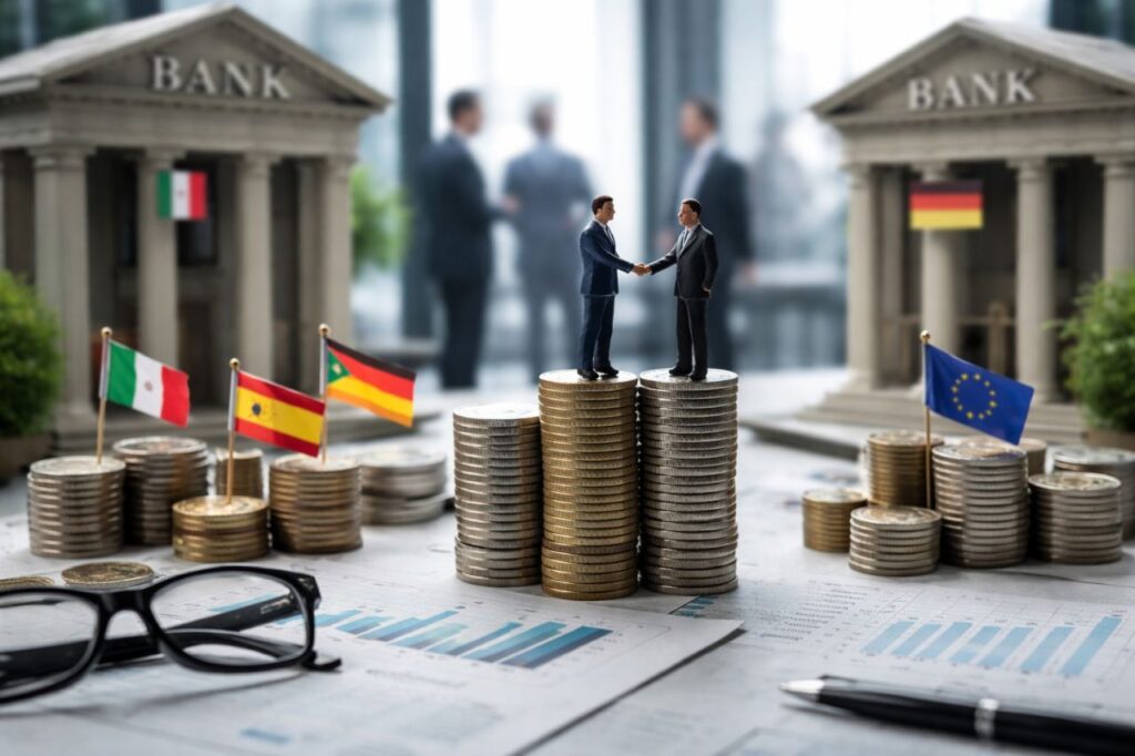 Due manager si stringono la mano sopra pile di monete, con banche e bandiere europee sullo sfondo