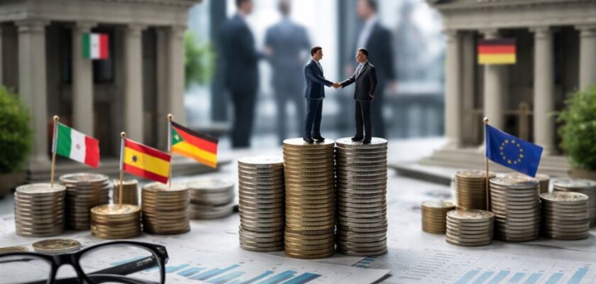 Due manager si stringono la mano sopra pile di monete, con banche e bandiere europee sullo sfondo