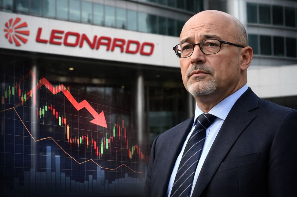 Manager Cingolani in primo piano davanti alla sede Leonardo, con grafico di Borsa in calo sullo sfondo