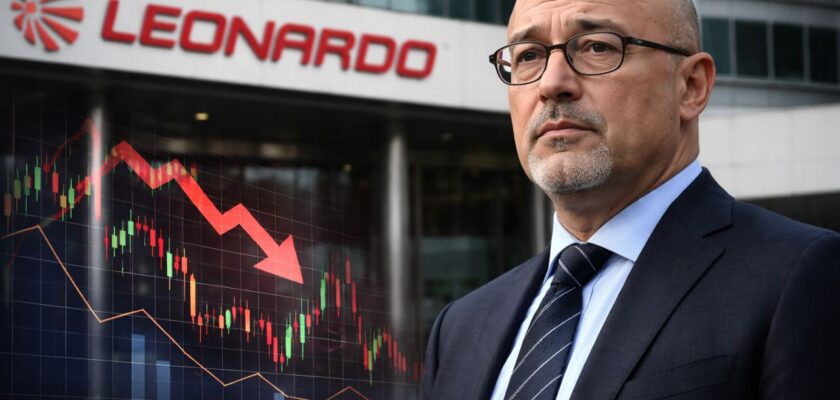 Manager Cingolani in primo piano davanti alla sede Leonardo, con grafico di Borsa in calo sullo sfondo