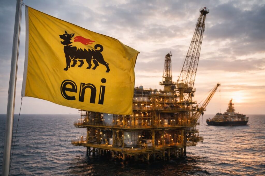 Piattaforma offshore Eni al tramonto, con bandiera gialla in primo piano e mare calmo sullo sfondo