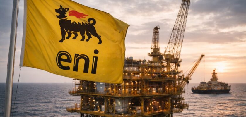Piattaforma offshore Eni al tramonto, con bandiera gialla in primo piano e mare calmo sullo sfondo