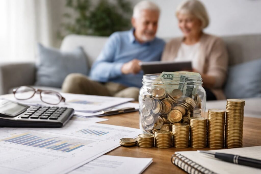 Coppia anziana pianifica le finanze su tablet, con monete, banconote e documenti in primo piano su un tavolo