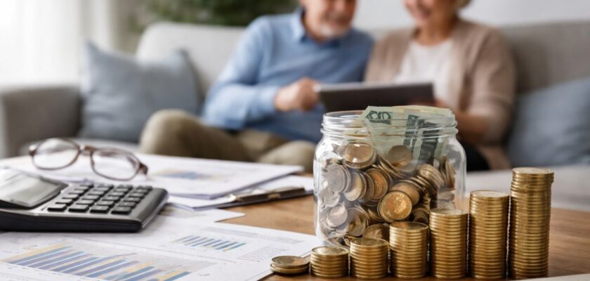 Coppia anziana pianifica le finanze su tablet, con monete, banconote e documenti in primo piano su un tavolo