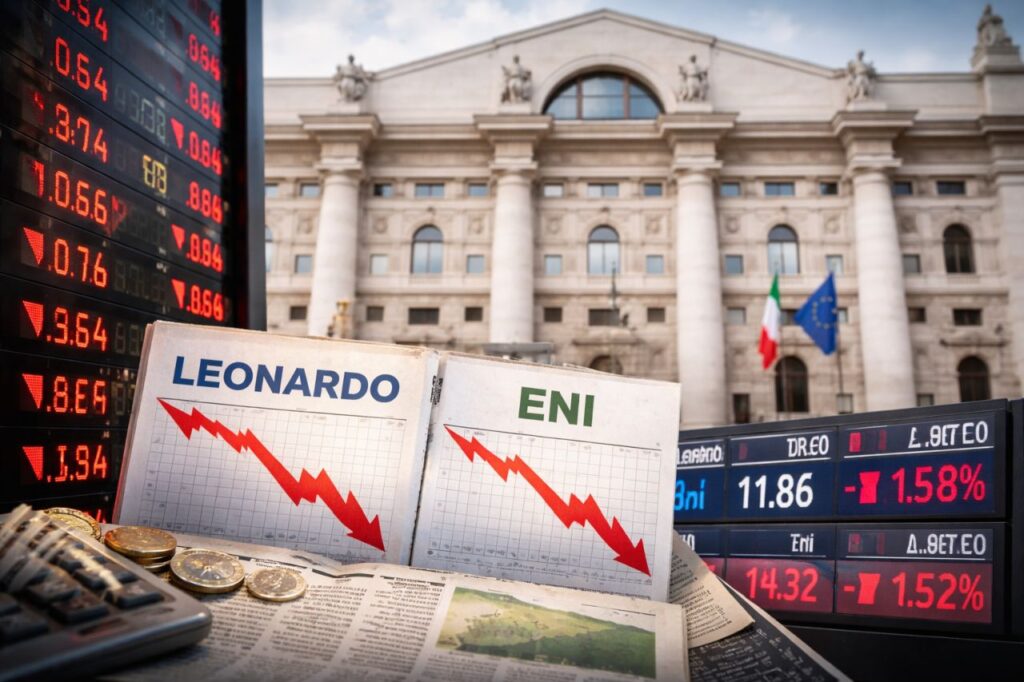 Foto realistica di Piazza Affari con grafici in forte calo su Leonardo ed Eni in primo piano
