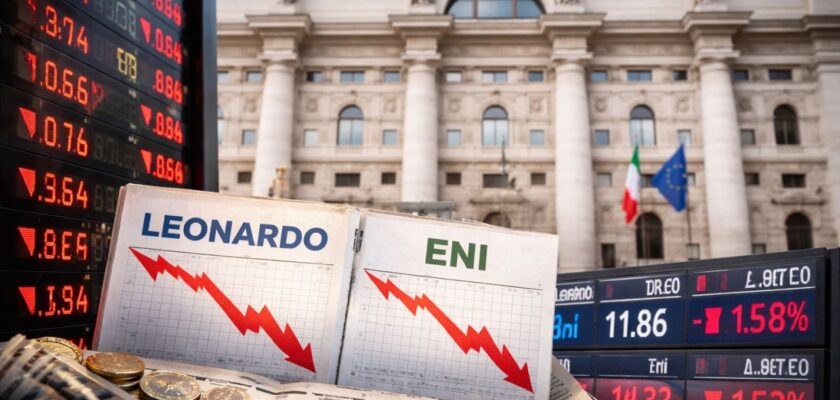 Foto realistica di Piazza Affari con grafici in forte calo su Leonardo ed Eni in primo piano