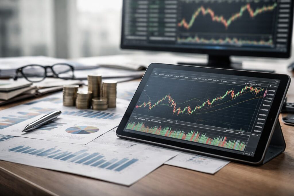 Tablet con grafico finanziario su una scrivania, affiancato da monete e documenti, con monitor di mercato sfocati sullo sfondo