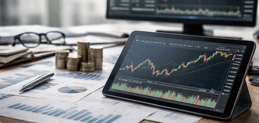 Tablet con grafico finanziario su una scrivania, affiancato da monete e documenti, con monitor di mercato sfocati sullo sfondo