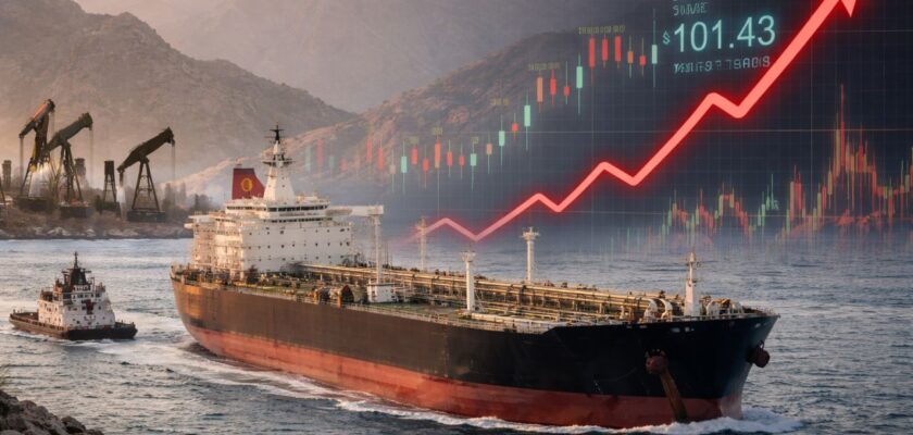 Petroliera in navigazione tra montagne costiere, affiancata da rimorchiatore, con piattaforme petrolifere sullo sfondo e grafico finanziario in trasparenza