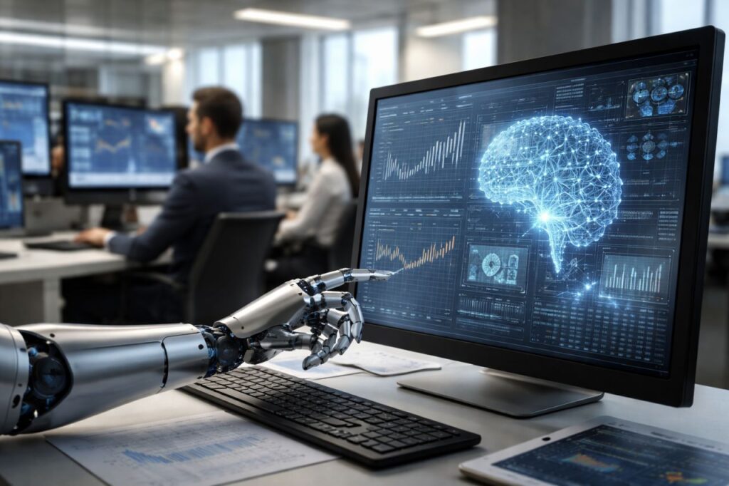 Ufficio bancario moderno con analisti al lavoro e monitor che mostra dati finanziari elaborati da un sistema di intelligenza artificiale